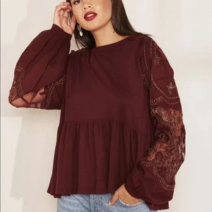 Free People wine embroidered top xs